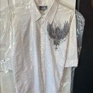 Men's White Button-Down Shirt with Wing Graphic